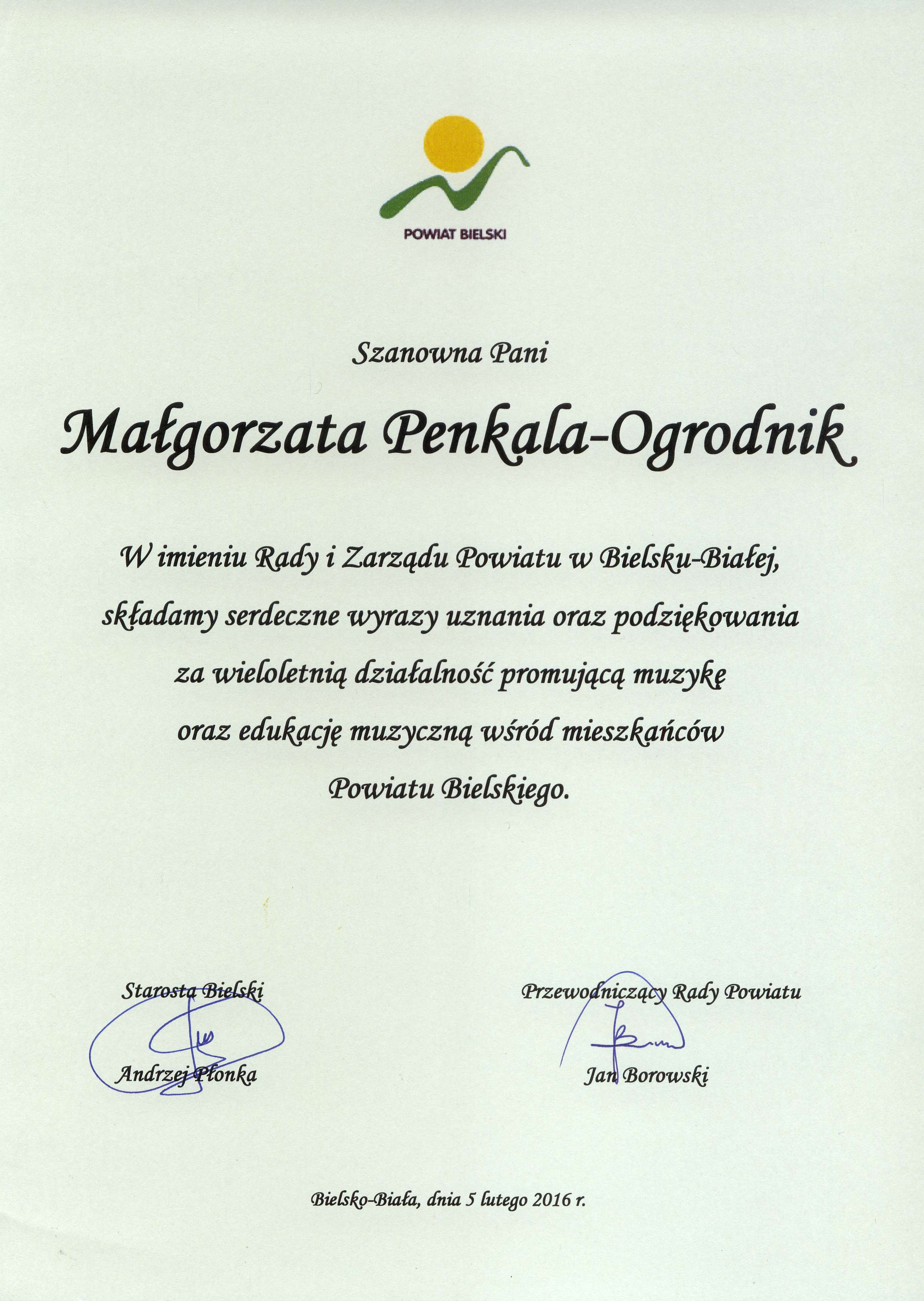 Nagroda Starosty Powiatu dla Małgorzaty Penkali-Ogrodnik